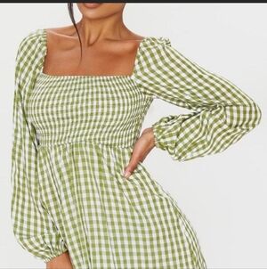PrettyLittleThing Babydoll Puff Sleeve Mini Dress Green Gingham Size 6 / Small